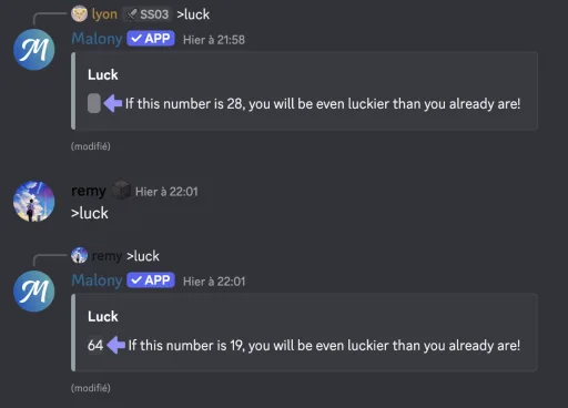 Capture du bot Discord Malony exécutant la commande luck (score de chance) dans un salon