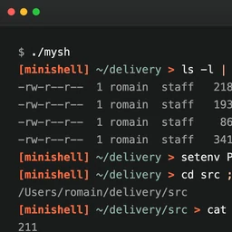 Illustration du shell UNIX Minishell écrit en C, fenêtre de terminal macOS avec pipes, redirections, builtins cd et setenv et message Command not found