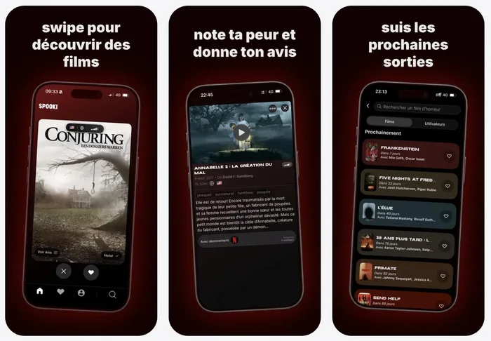 Capture d'écran de l'app mobile Spooki, sélection de films d'horreur avec système de swipe et recommandations personnalisées